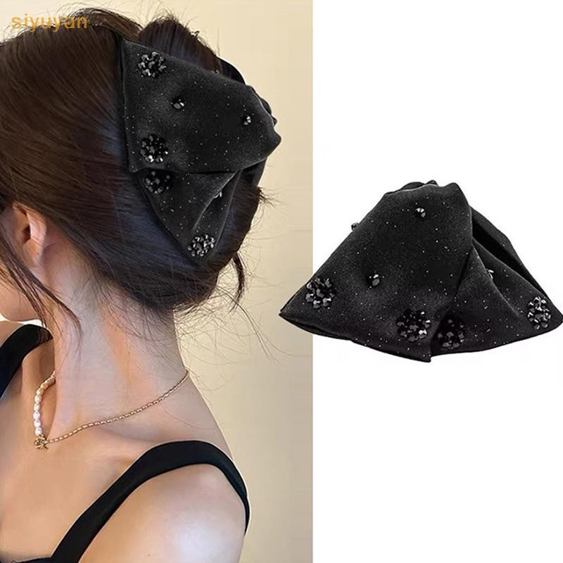 Siyuyan Vintage Mềm Đen Sa Tóc Móng Vuốt Kim Cương Giả Kẹp Tóc Nơ Lớn Trang Trí Nữ Phụ Kiện Tóc VN
