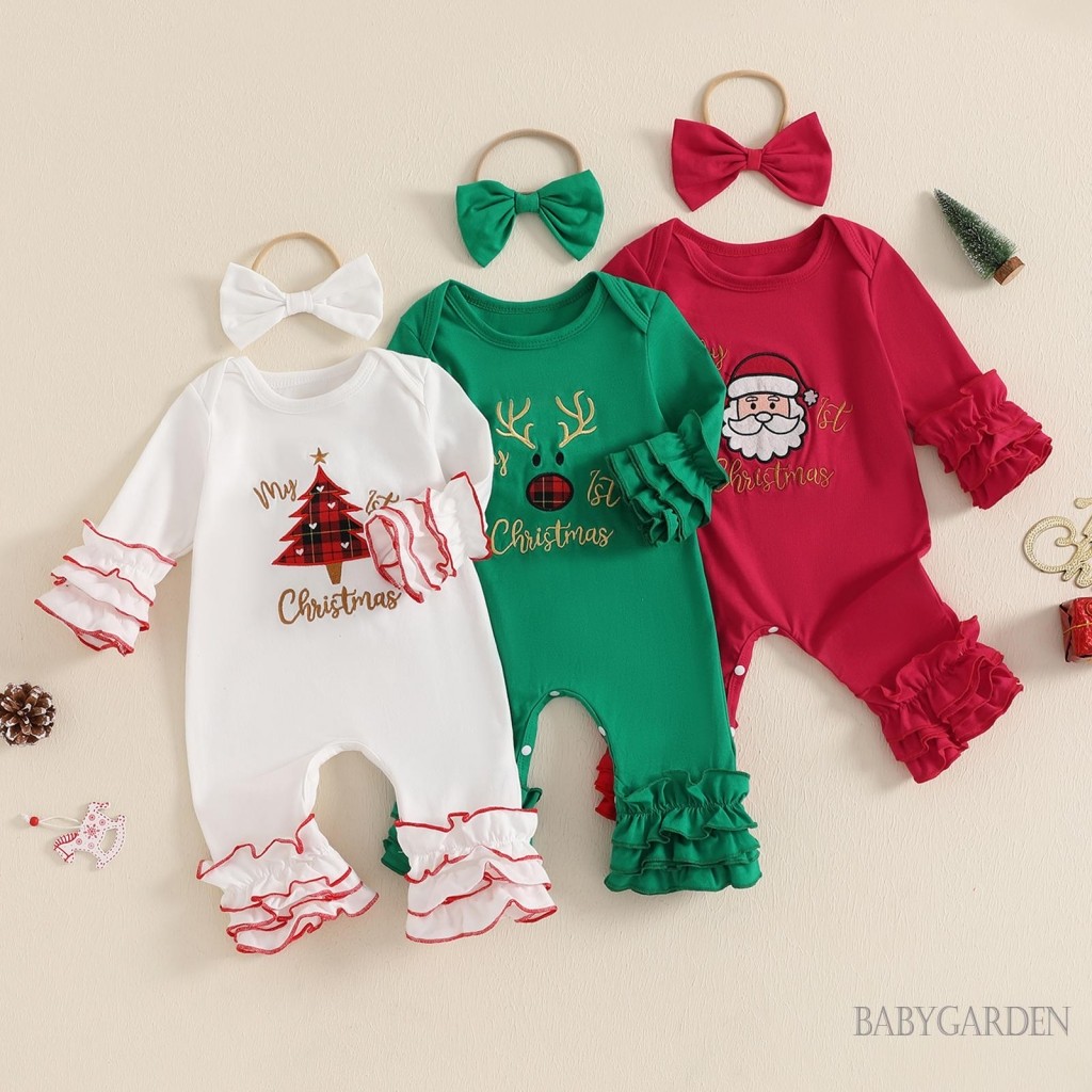 / / -Bộ Áo liền quần Giáng sinh cho bé gái sơ sinh Ông già Noel / Cây / Tuần lộc Xù áo liền quần cổ tròn dài tay