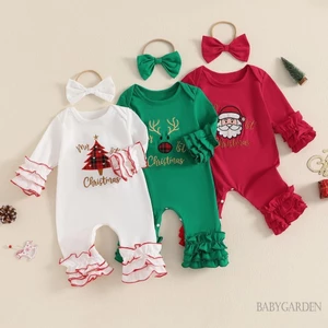 / / -Bộ Áo liền quần Giáng sinh cho bé gái sơ sinh Ông già Noel / Cây / Tuần lộc Xù áo liền quần cổ tròn dài tay