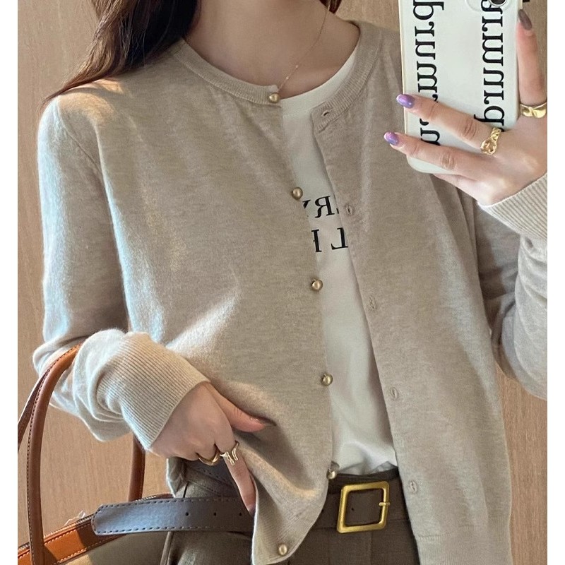 SUXI Casual Đơn Giản Màu Trơn Slim Fit Pháp Retro Mới Dài Tay Dệt Kim Cardigan Áo Len Nữ 241006