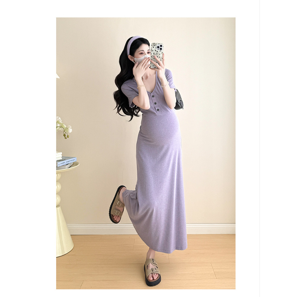 Bộ đồ bà bầu Váy dệt kim dài vừa phải khí chất mùa hè
