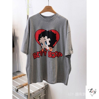 Áo thun cotton ngắn tay rộng rãi kích thước lớn, áo dài cho cặp đôi [99% đánh giá tích cực] Dongdaemun, Hàn, in hình trái tim hoạt hình, áo thun cổ tròn ngắn tay rộng rãi cho phụ nữ