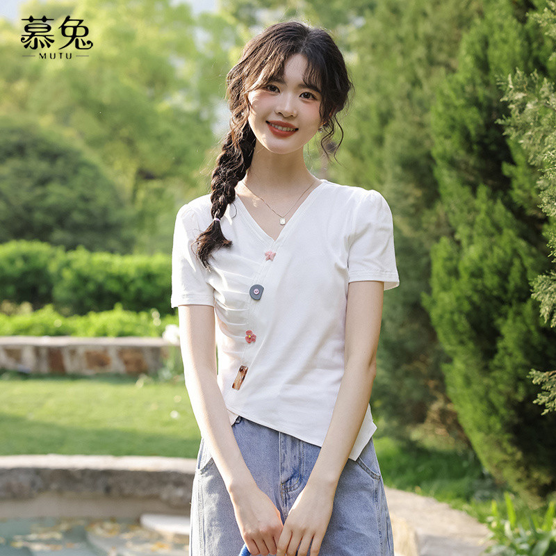 Mutu Áo Thun Nữ Phong Cách Hàn Quốc Xếp Ly Cổ Chữ V, Slim-Fit, Thích Hợp Mùa Hè
