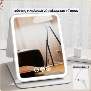 Gương Trang Điểm Đèn LED Cảm Ứng 3 Chế Độ, Gương Makeup Gấp Gọn Chỉnh Ánh Sáng Có Sạc USB Tiện Lợi