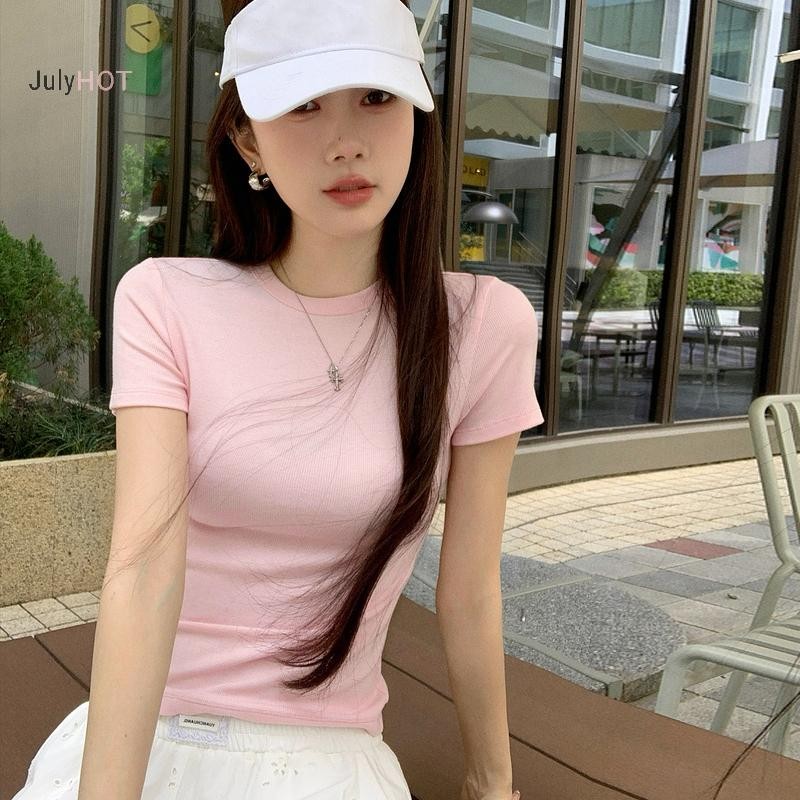 Áo thun nữ cổ tròn tay ngắn trơn, phù hợp mùa hè