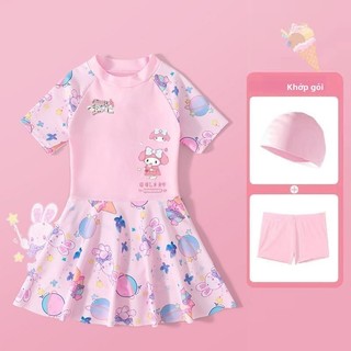 Đồ bơi liền thân bé gái Kuromi dễ thương - váy bơi hoạt hình kèm mũ và quần bảo vệ