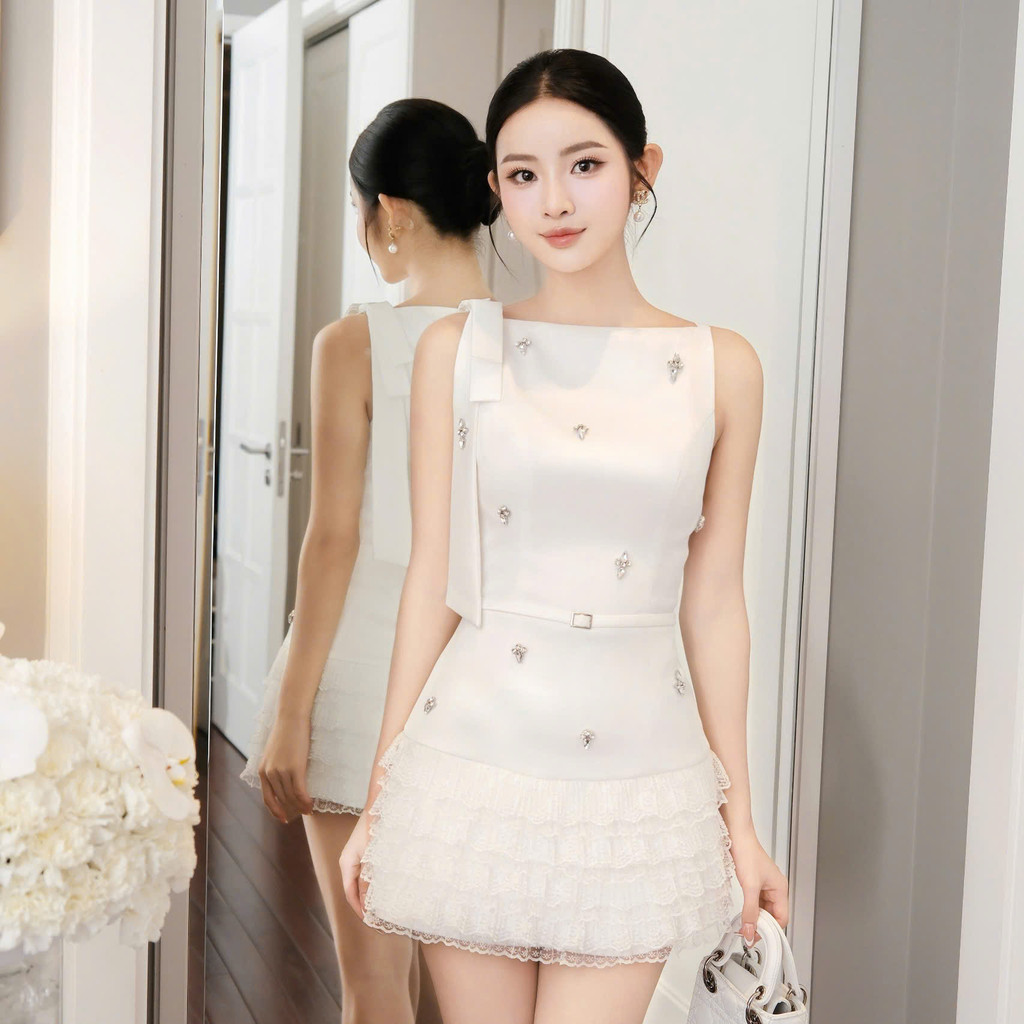 Đầm ngắn KHIẾT Fashion ôm nhẹ đính đá phối dây nơ vai phong cách nữ tính thanh lịch KD294