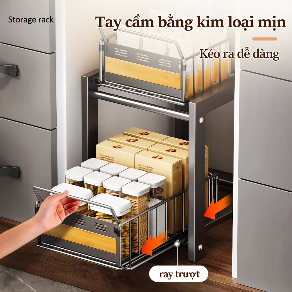 Lifinity Kệ Bếp Ngăn Kéo 2 Tầng 26cm Có Mặt Gỗ, Kệ Gia Vị Ray Trượt Để Trong Tủ Bếp, Màu Xám/Trắng