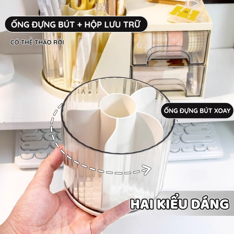 Lọ Đựng Đồ Trang Điểm Xoay 360 - Kệ Để Bàn Đa Năng Có Ngăn Kéo, Đựng Bút, Trang Sức, Giúp Bàn Làm Việc Gọn Gàng