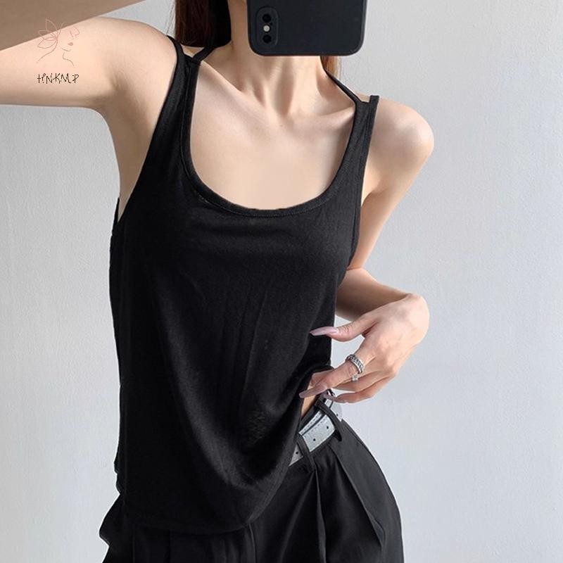 Áo vest nữ nguyên chất mùa hè, thiết kế gợi cảm cổ chữ U không tay.