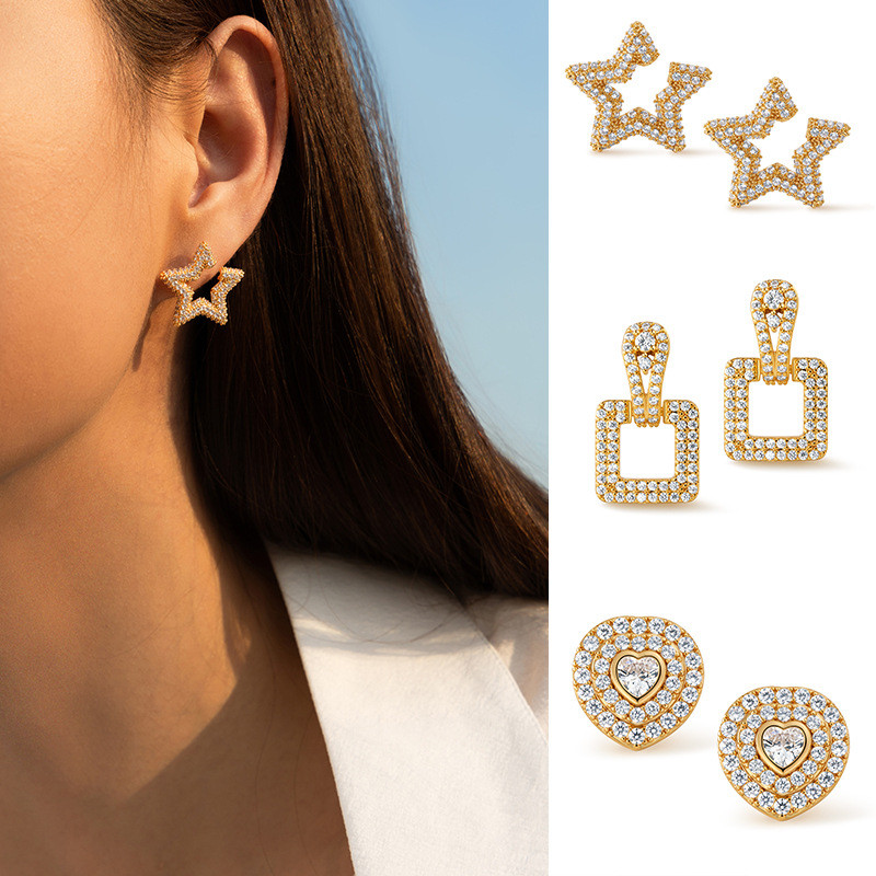 Bông tai zircon màu vàng thiết kế vuông đính đá, phong cách sang trọng