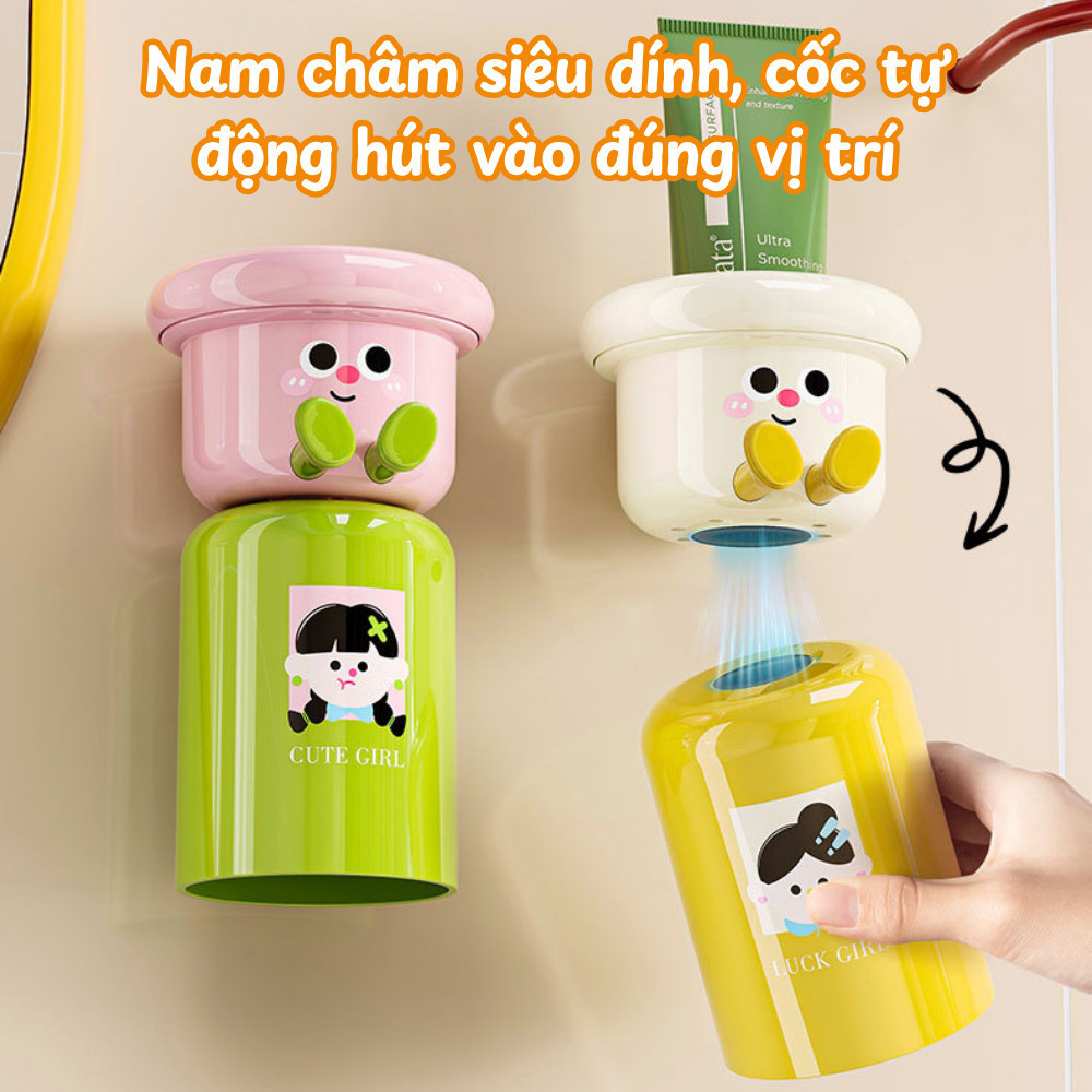 Giá Đỡ Cốc Bàn Chải Đánh Răng Hút Nam Châm Dán Tường, Kệ Đựng Bàn Chải Kèm Cốc Cho Bé