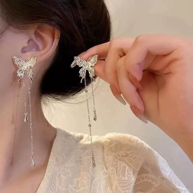 Thời trang Hàn Quốc - Bông tai bạc viền đá hình bướm, quà tặng sinh nhật cho nữ sinh viên