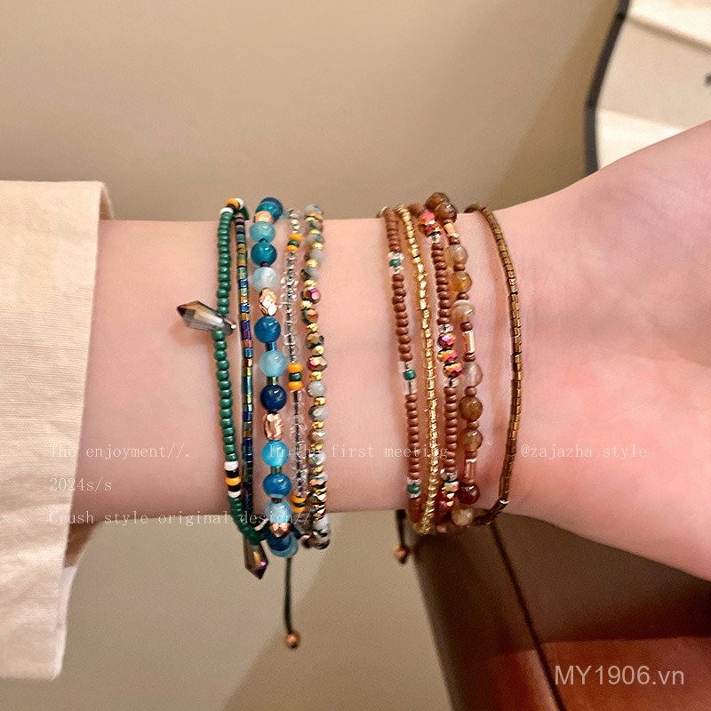 Vòng tay bohemian nhiều màu sắc, dệt tay đính hạt, phong cách dân tộc, điều chỉnh size, phù hợp mùa hè