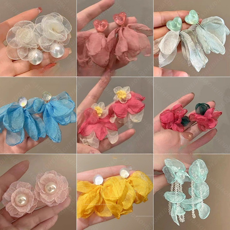 Bông Tai Hoa Voan Pháp Thời Trang Nữ Hàn Quốc Bông Tai Đơn Giản