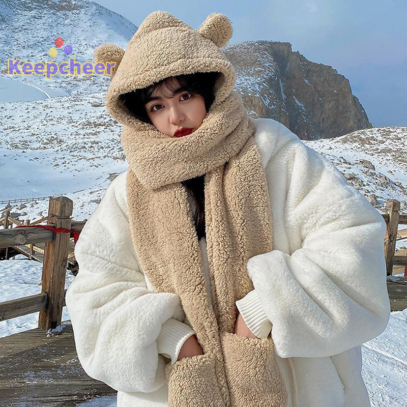[Keepcheer] 1 Khăn quàng cổ hình gấu dễ thương Găng tay bảo vệ ấm áp mùa đông 3 trong 1 Khăn quàng cổ nữ chống gió sang trọng [Mới]