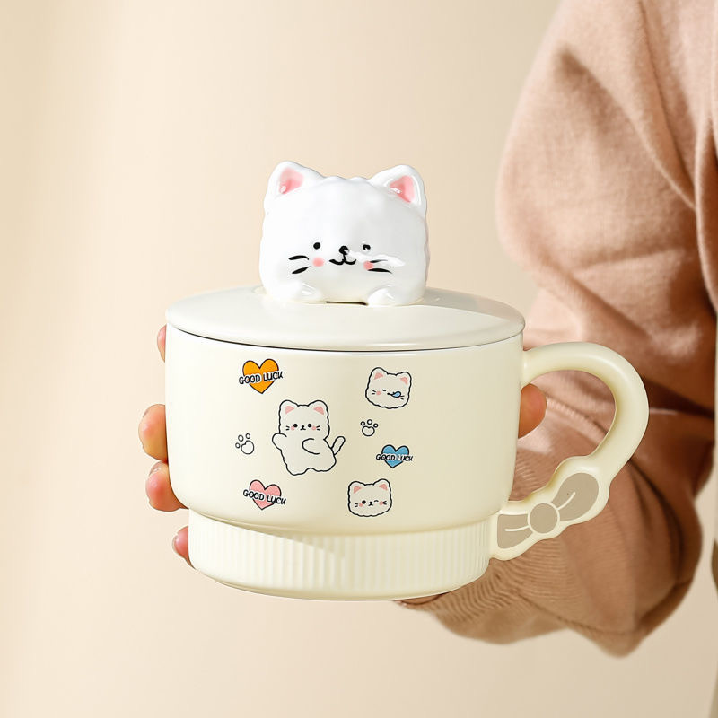 Ly Sứ Hình Chú Mèo Kitty 3D Cute Có Thìa Và Nắp Sáng Tạo - Cốc Sứ Dung Tích Lớn 650ml Làm Quà Tặng Sinh Nhật Người Yêu