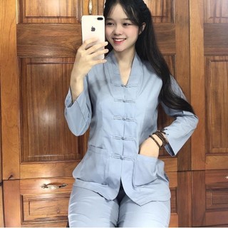 Mẫu cổ V nút thắt la hán truyền thống,set đồ lam nữ đi chùa Áo Top