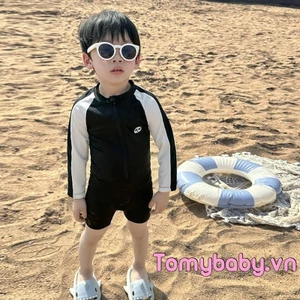 Trẻ Em Bé Trai Đồ Bơi Playsuit Họa Tiết Gấu Trúc Chắp Vá Dây Kéo Dài Tay Chống Nắng Bộ Đồ Tắm