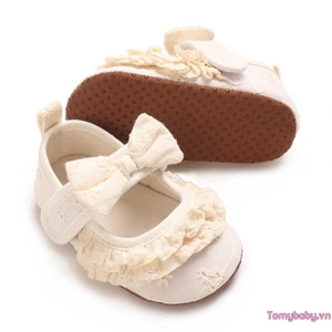 Trẻ Sơ Sinh Bé Gái Đế Bằng Ren Dễ Thương Nơ Đế Mềm Prewalker Chống Trơn Trượt Đầu Tiên Giày Tập Đi