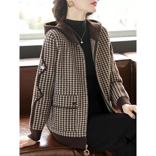 Hàn Quốc Houndstooth Áo Khoác Nữ Thu Đông Phong Cách Mới Mẹ Thời Trang Thường Ngày Có Mũ Trùm Đầu Giảm Tuổi Top Xuân Thu Có Mũ Trùm Đầu