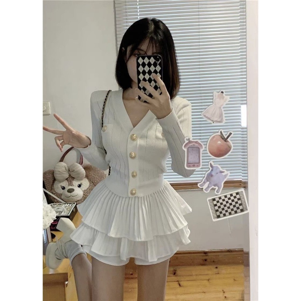 Set bộ 2 món thiết kế áo len cardigan croptop chất liệu mongtoghi + chân váy ngắn bồng xoè ximimi SP203