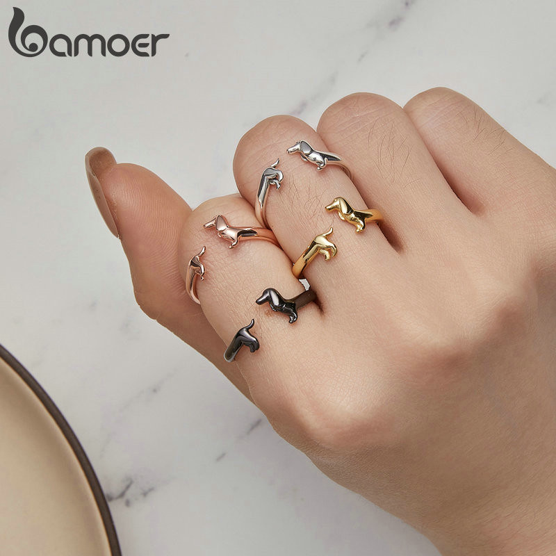 Bamoer Bạc 925 Dễ Thương Dachshund Nhẫn Chất Liệu Không Gây Dị Ứng Nữ Mở Nhẫn Trang Sức Thời Trang Quà Tặng