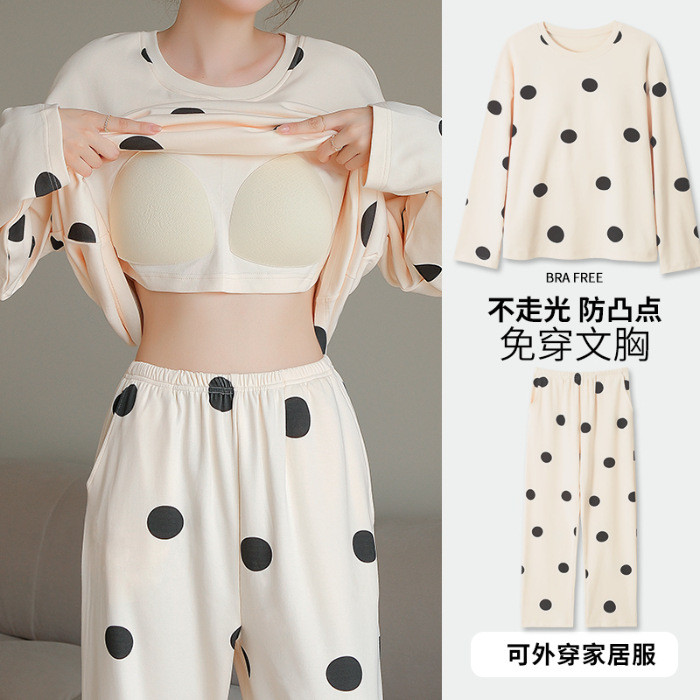 Mùa xuân thu có miếng đệm ngực chống lộ đồ ngủ dài tay rộng rãi dành cho nữ cỡ lớn cộng với kích thước đơn giản phù hợp với đồ mặc nhà có thể mặc bên ngoài