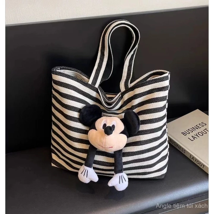 Túi Tote sọc dung tích lớn Túi 2024 nữ túi Tote Mickey hoạt hình dễ thương thời trang mẫu mới Túi Vải Bố đựng sách/Túi tote sọc lớn cho phụ nữ, phiên bản mới nă – 5
