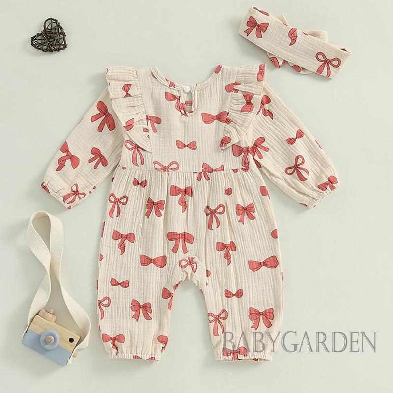 / / -Baby Girls Rompers Nơ In Hình Cổ Tròn Dài Tay Body Có Băng Đô Trẻ Sơ Sinh Quần Áo Mùa Thu