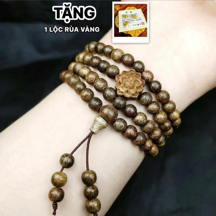 [TẶNG LỘC RÙA VÀNG] Vòng Tay Trầm Hương 108 Hạt Size 6Li Mix Charm Hoa Sen Gỗ Đã Khai Quang - Kèm Hộp Gấm Đựng