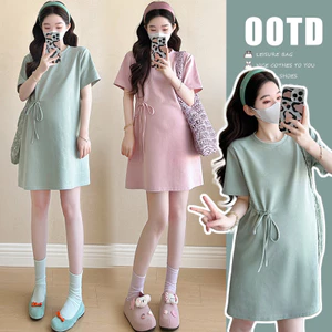 Trang phục bà bầu mùa hè, váy cà vạt dáng rộng style Hàn Quốc