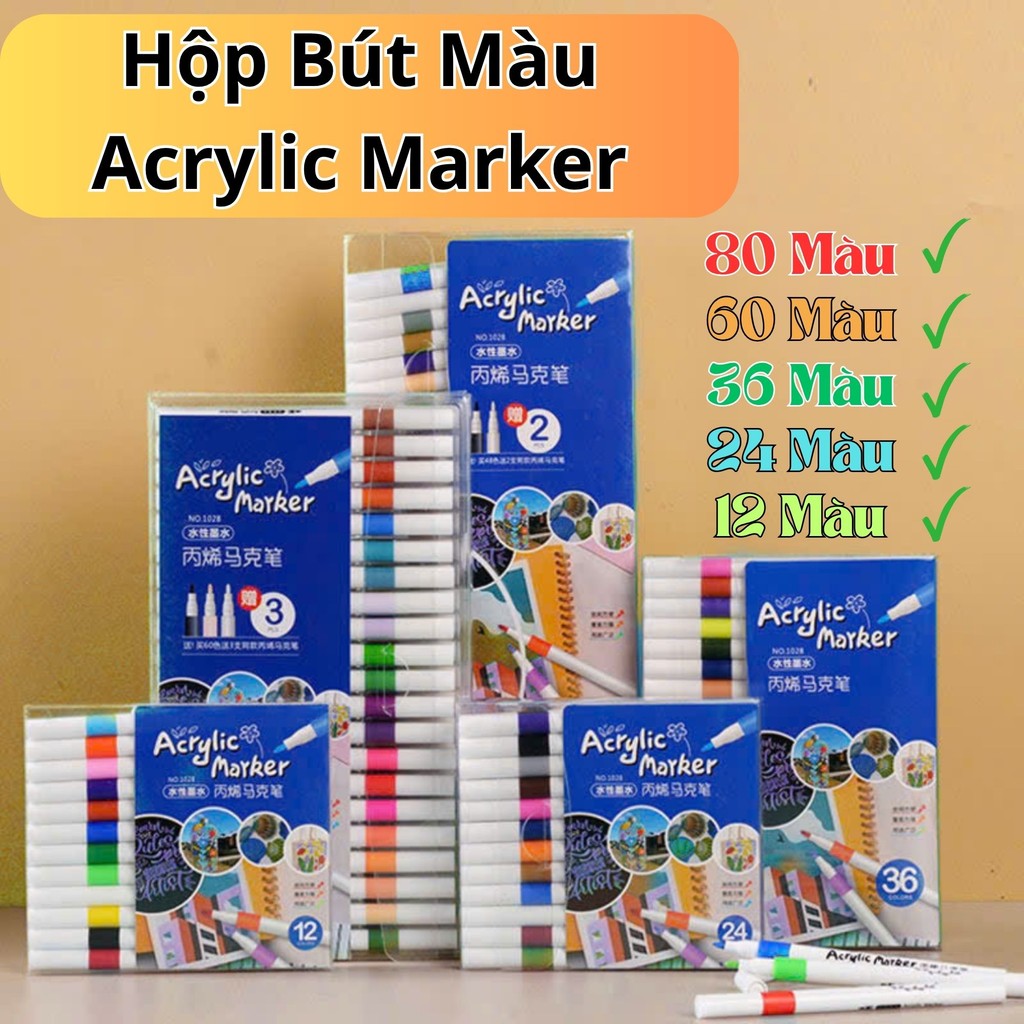 BÚT MÀU ACRYLIC MARKER CAO CẤP, HỘP BÚT 80 MÀU CHỐNG NƯỚC, Nét Mực Đều Khô Nhanh