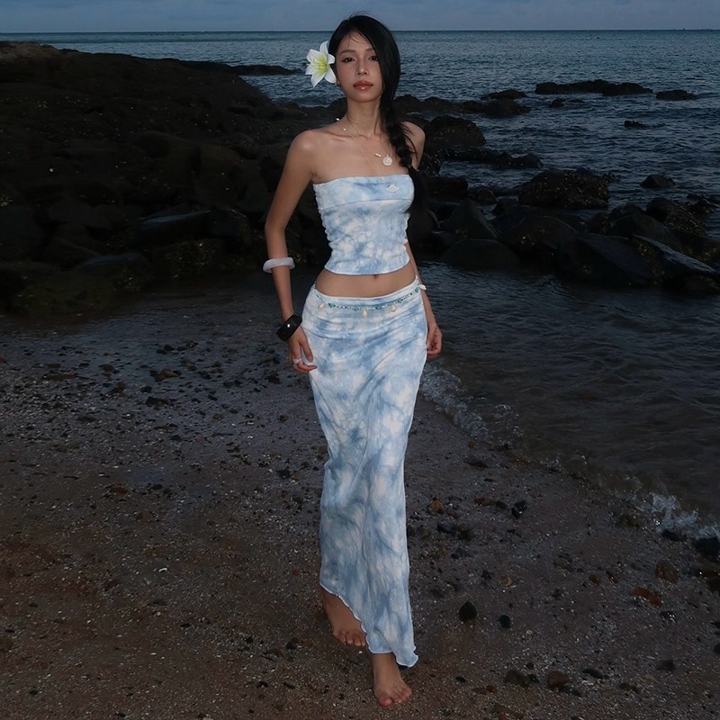 Klalien Wave Ripples Bộ Đồ Bikini Phù Hợp Đi Biển Mùa Hè, Kiểu Dáng Quấn Ngực VàCrop Top Kết Hợp Váy Hở Hông Lưng Cao