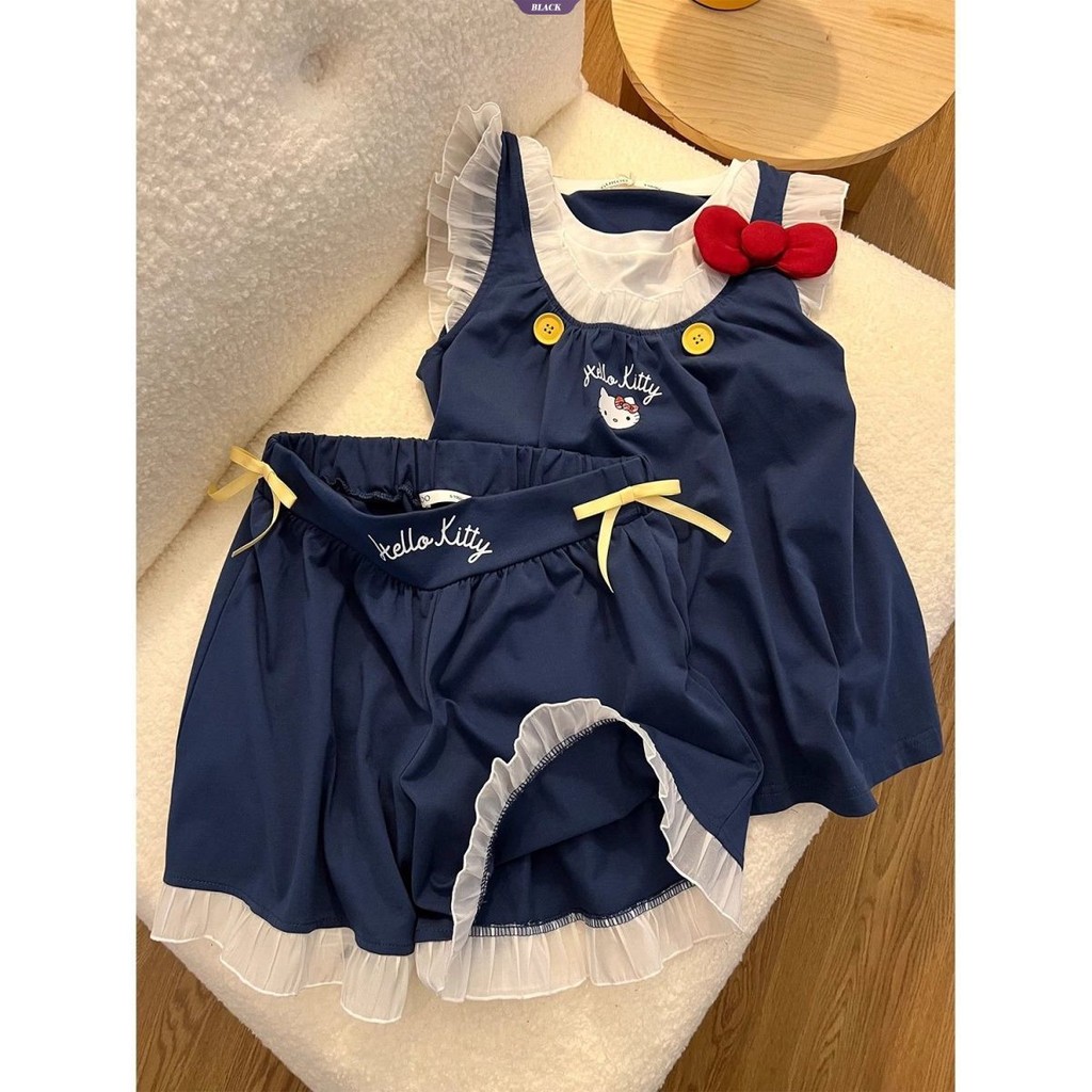 Pure Desire Wind Dễ Thương HelloKitty Nhỏ Tay Bay Bộ Đồ Ngủ Nữ Mùa Hè Áo Vest Quần Short Homewear Suit [BL]
