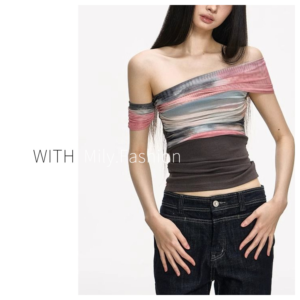 Milyfashion Gradient Color Tie-Dye In gạc Áo thun ngắn tay mùa hè Pure Desire Một vai ngắn