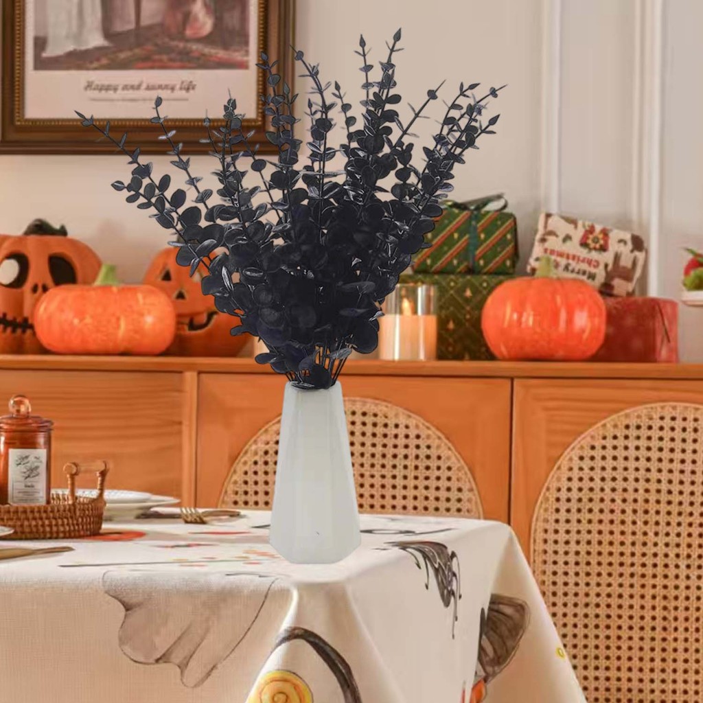 Đồ trang trí Halloween Lá bạch đàn màu đen nhân tạo 38cm Phong cách tối với thân dây có thể uốn cong - 10 / 40 CÁI Trang trí nhà cửa tiệc ma quái