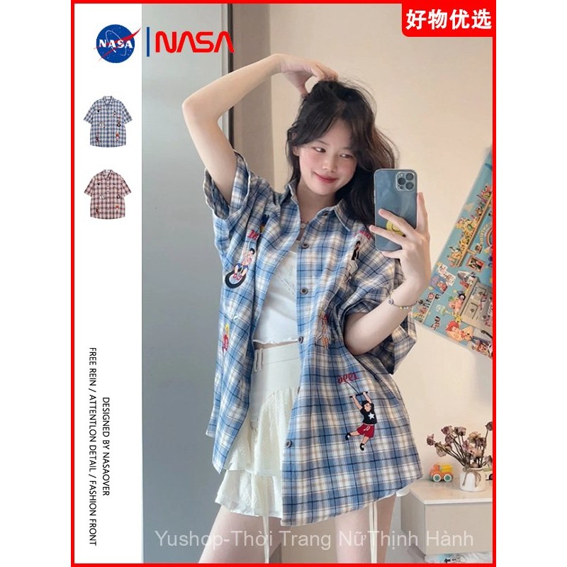 [Yu]Áo khoác sơ mi caro ngắn tay, thiết kế NASA độc đáo, phong cách Nhật Bản mới.
