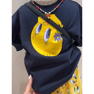 Mùa Hè Trẻ Em Phiên Bản Hàn Quốc Phù Hợp Với Bé Trai Bé Gái In Hình Hoạt Hình Tay Ngắn Top Bé Gái Quần Thẳng Màu Vàng Bộ Đồ Hai Mảnh