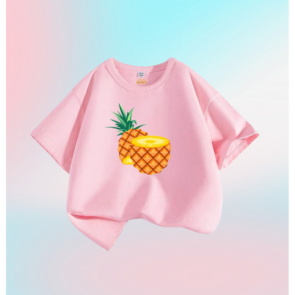 Dứa Trái Cây 2D Trẻ Em Tee Cổ Tròn Top Nắng Mùa Hè Unisex Áo Sơ Mi Cho Bé Trai Bé Gái