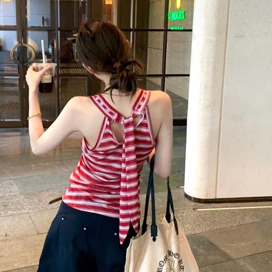 Sling Nữ Retro Sọc Đỏ Cổ Dây Gợi Cảm Mỏng Độc Đáo