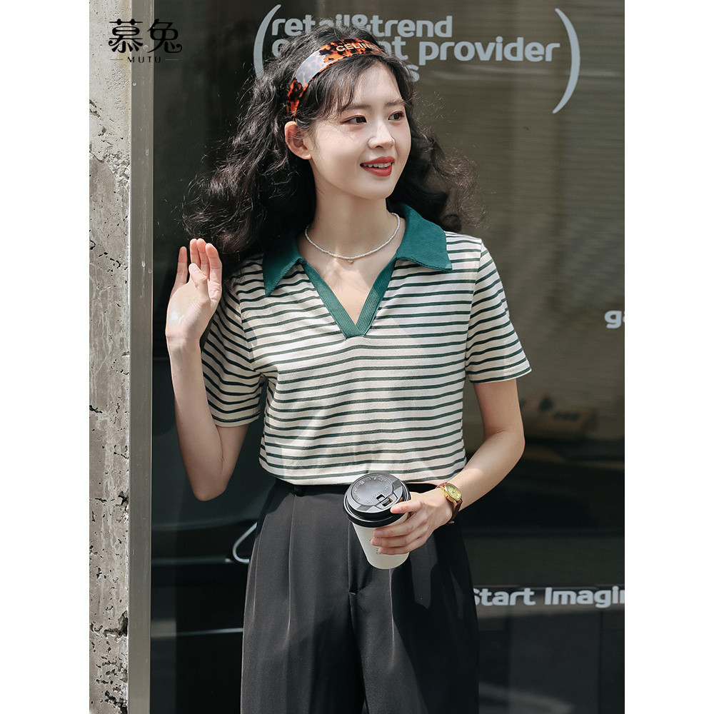 Mutu Nhật Bản Retro Polo cổ sọc, áo thun nữ, xu hướng thời trang hè mới nhất 2025