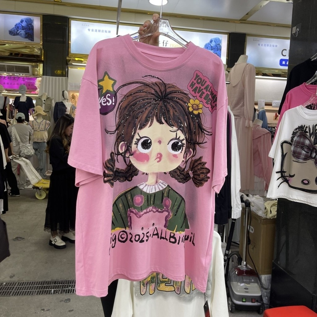 Áo thun ngắn tay mùa hè in hình hoạt hình công nghiệp nặng phong cách châu Âu, bột cotton nguyên chất