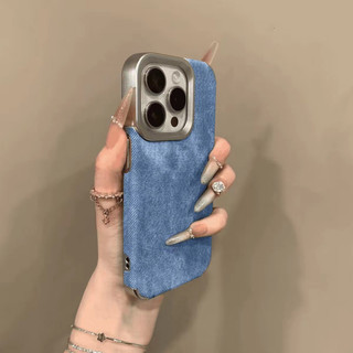 Retro Denim Vải Mạ Bạc Ống Kính Ốp Lưng Điện Thoại iPhone 16Promax 16Pro 15Promax 12 13 14 Pro Max 17Promax 17Pro Chống Sốc Nam Nữ Vỏ Di Động