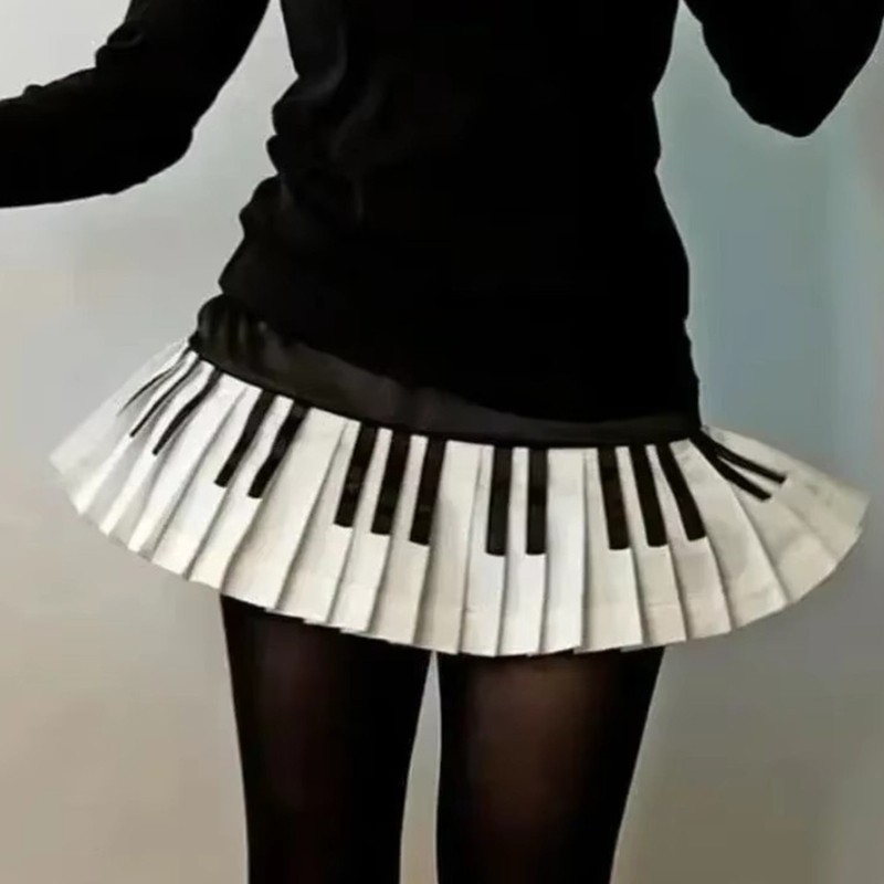 Women's  Waist Pleated Vintage Aesthetic Piano Key Print A Line Mini Skirt