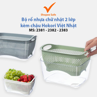 Bộ rổ nhựa chữ nhật 2 lớp kèm chậu Hokori Việt Nhật - MS:2381/ 2382/ 2383