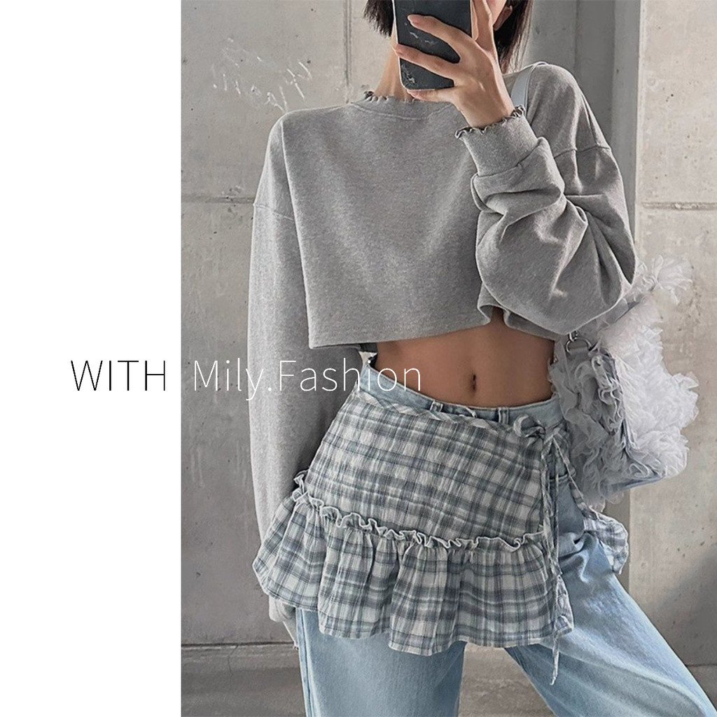 Milyfashion Kẻ Sọc Mông Rèm Phong Cách Mới Xám Xanh Ẩn Đáy Quần Bên Ren Kẻ Sọc Dưới Thân Váy Lớp Quần Áo Nữ