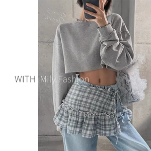 Milyfashion Kẻ Sọc Mông Rèm Phong Cách Mới Xám Xanh Ẩn Đáy Quần Bên Ren Kẻ Sọc Dưới Thân Váy Lớp Quần Áo Nữ