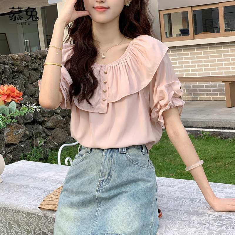 Mutu Áo sơ mi voan xù ngắn tay cổ tròn phong cách Pháp mới nhất, phù hợp mùa hè