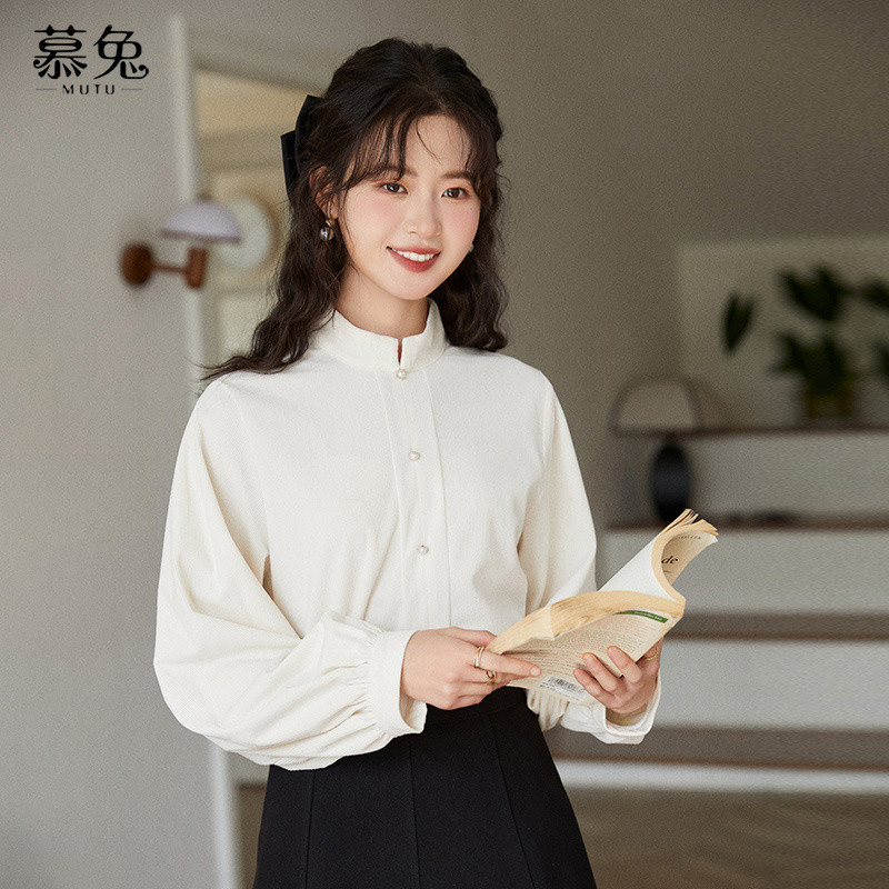 Mutu Pháp Nửa Cổ Cao Áo Sơ Mi Dài Tay Nữ Mùa Xuân, Phong Cách Mới với Vải Viền Rời